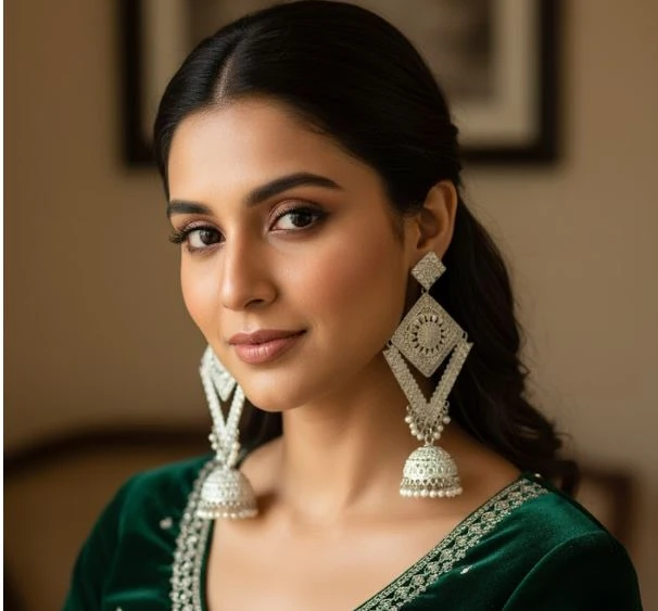 Geometric Silver Jhumka Drop Earrings